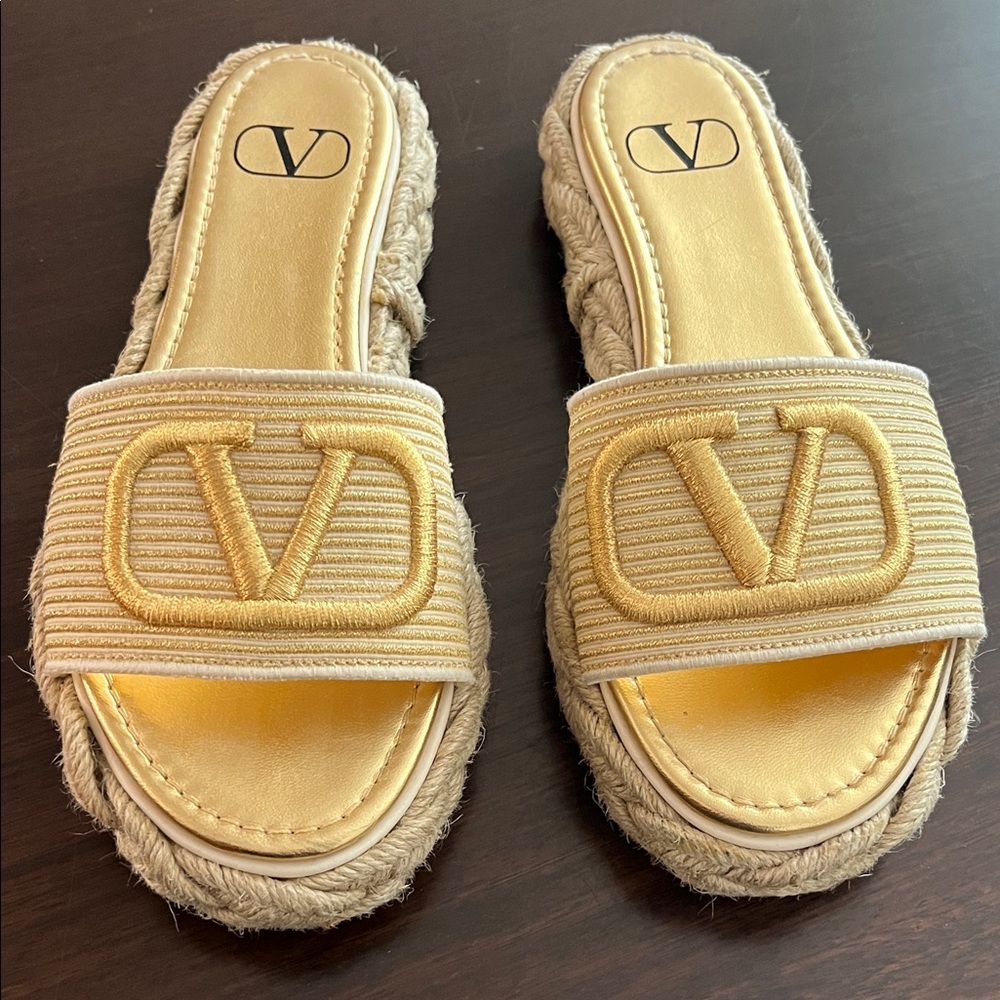 Valentino Garavani VLogo Gold Espadrille Sandals Raffia